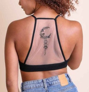Crescent Moon Tattoo Mesh Bralette- Black