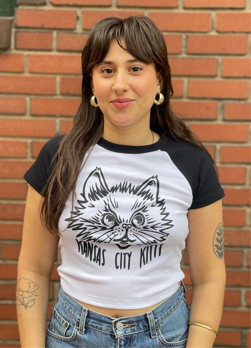 KCK Cat Head Raglan Baby Tee- White/Black