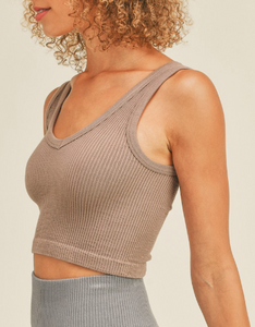 Premium Cropped Ribbed V Tank Top- Taupe