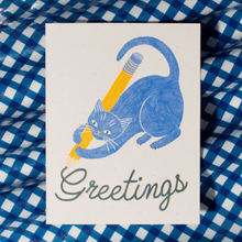 Load image into Gallery viewer, Greetings Pencil Cat Risograph Card
