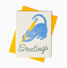 Load image into Gallery viewer, Greetings Pencil Cat Risograph Card
