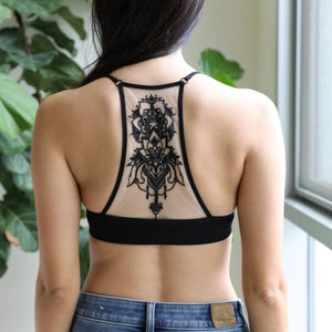 Flower Tattoo Mesh Bralette- Black